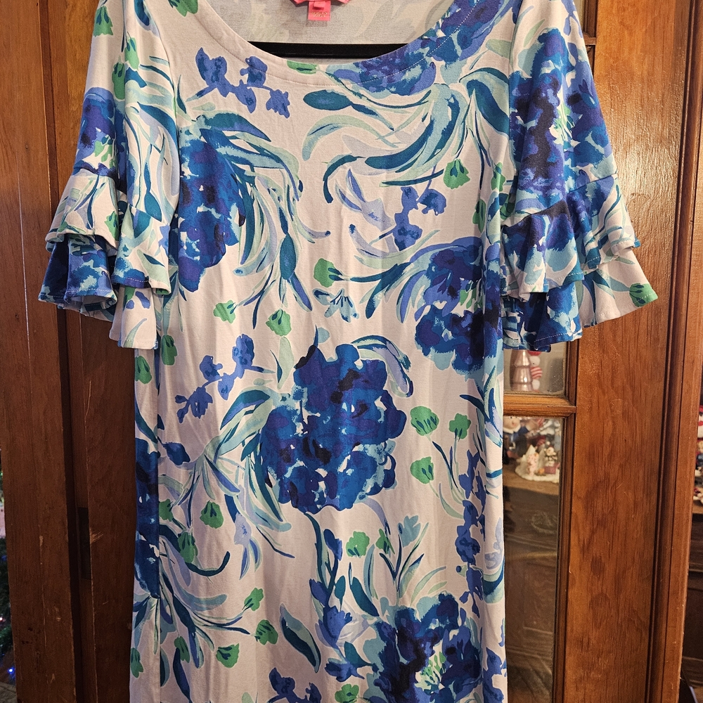 Lilly Pulitzer Blue & Green Floral Ruffle-Sleeve Tunic Dress